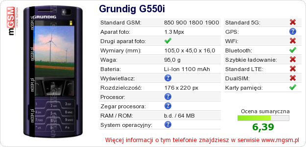 Dane telefonu Grundig G550i Dane telefonu Grundig G550i