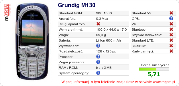 Dane telefonu Grundig M130