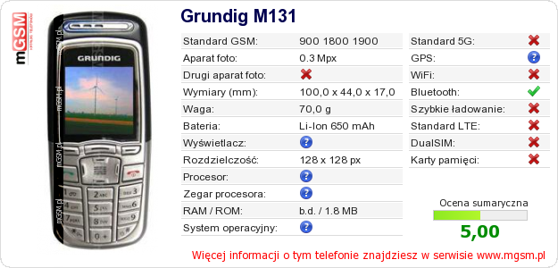 Dane telefonu Grundig M131 Dane telefonu Grundig M131