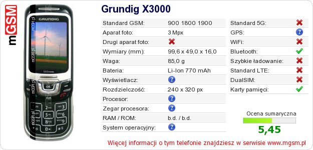 Dane telefonu Grundig X3000