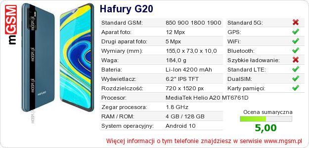 Dane telefonu Hafury G20