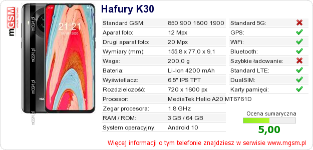 Dane telefonu Hafury K30