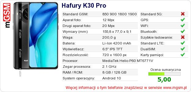 Dane telefonu Hafury K30 Pro