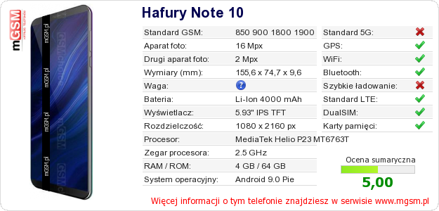 Dane telefonu Hafury Note 10 Dane telefonu Hafury Note 10