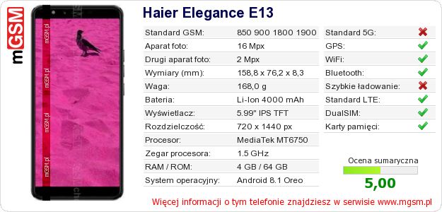 Dane telefonu Haier Elegance E13