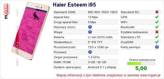Dane telefonu Haier Esteem i95