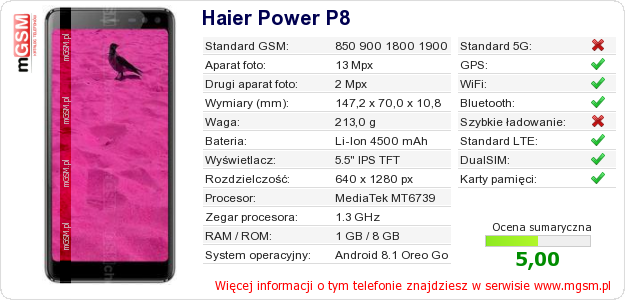 Dane telefonu Haier Power P8