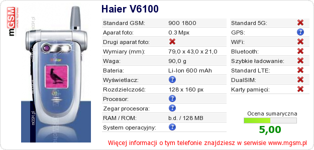 Dane telefonu Haier V6100