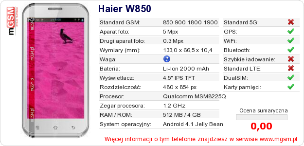 Dane telefonu Haier W850 Dane telefonu Haier W850