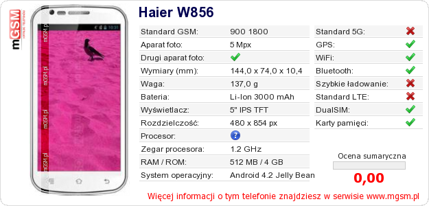 Dane telefonu Haier W856