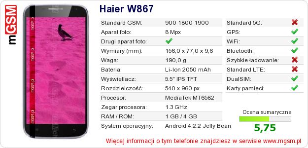 Dane telefonu Haier W867