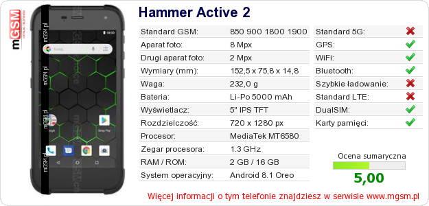Dane telefonu Hammer Active 2