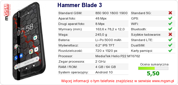 Dane telefonu Hammer Blade 3 Dane telefonu Hammer Blade 3