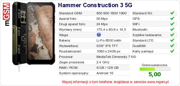 Dane telefonu Hammer Construction 3 5G Dane telefonu Hammer Construction 3 5G