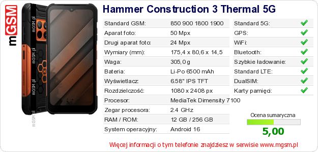 Dane telefonu Hammer Construction 3 Thermal 5G