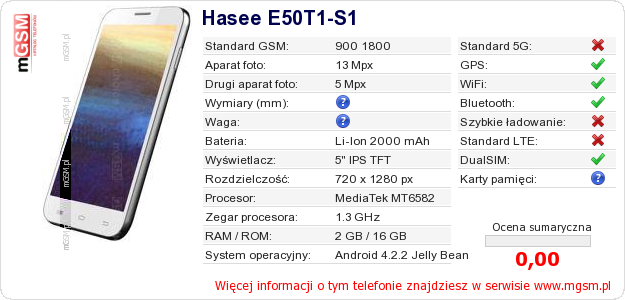 Dane telefonu Hasee E50T1-S1 Dane telefonu Hasee E50T1-S1