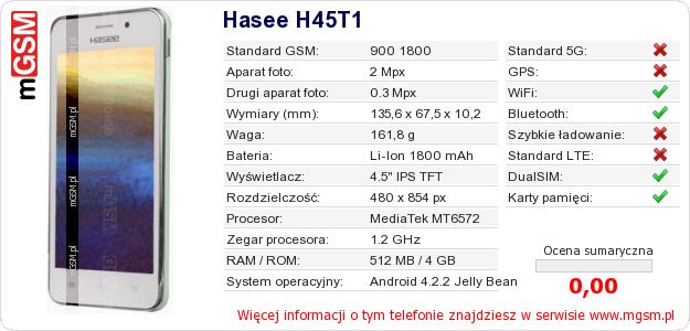 Dane telefonu Hasee H45T1 Dane telefonu Hasee H45T1