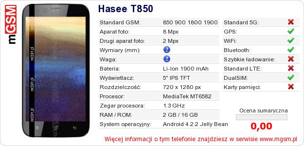 Dane telefonu Hasee T850