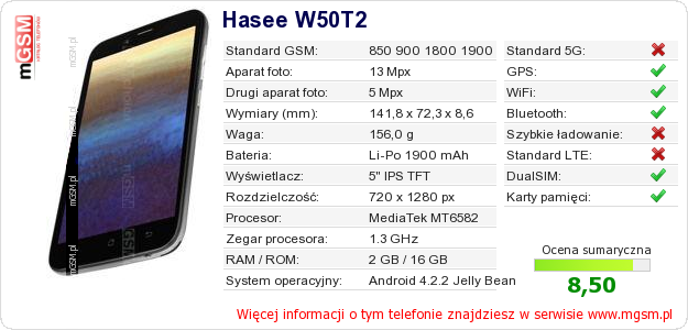 Dane telefonu Hasee W50T2 Dane telefonu Hasee W50T2