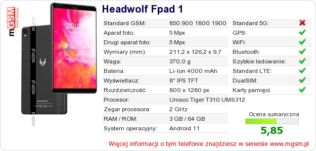 Dane telefonu Headwolf Fpad 1