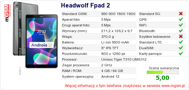 Dane telefonu Headwolf Fpad 2