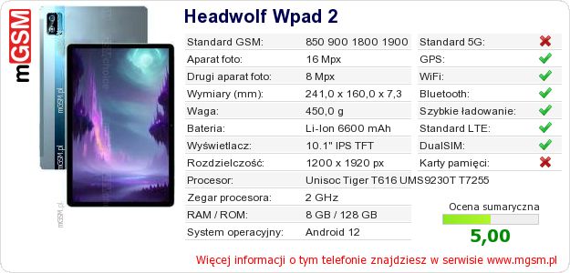 Dane telefonu Headwolf Wpad 2
