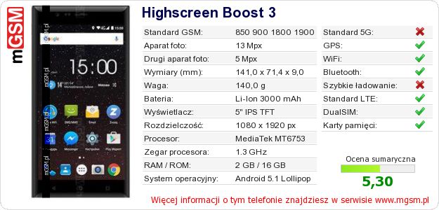 Dane telefonu Highscreen Boost 3 Dane telefonu Highscreen Boost 3