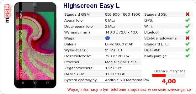 Dane telefonu Highscreen Easy L Dane telefonu Highscreen Easy L