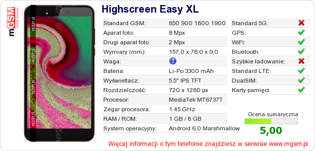 Dane telefonu Highscreen Easy XL