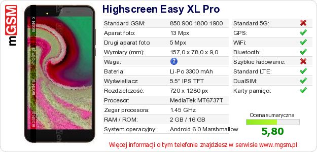 Dane telefonu Highscreen Easy XL Pro Dane telefonu Highscreen Easy XL Pro