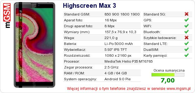 Dane telefonu Highscreen Max 3