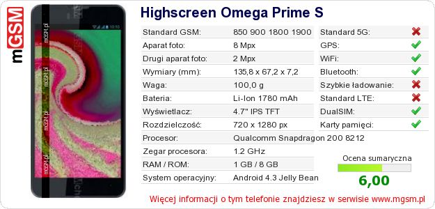 Dane telefonu Highscreen Omega Prime S Dane telefonu Highscreen Omega Prime S