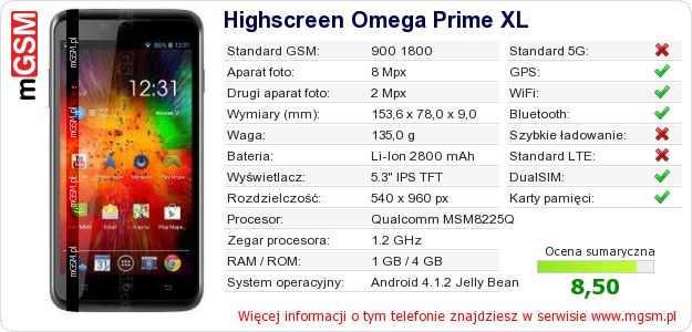 Dane telefonu Highscreen Omega Prime XL Dane telefonu Highscreen Omega Prime XL