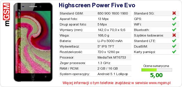 Dane telefonu Highscreen Power Five Evo Dane telefonu Highscreen Power Five Evo