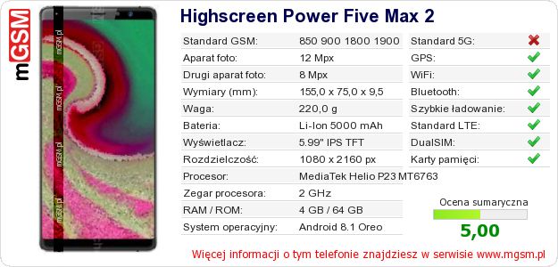 Dane telefonu Highscreen Power Five Max 2 Dane telefonu Highscreen Power Five Max 2