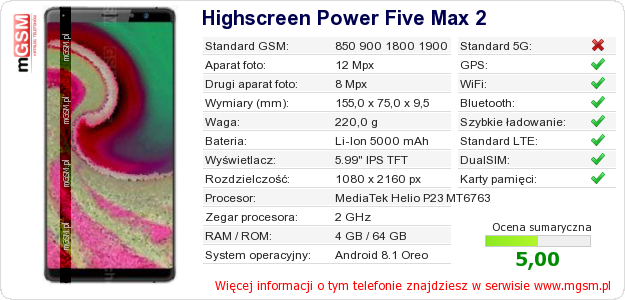 Dane telefonu Highscreen Power Five Max 2