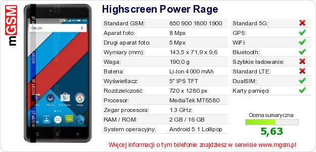 Dane telefonu Highscreen Power Rage