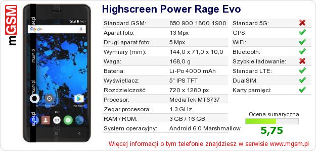 Dane telefonu Highscreen Power Rage Evo