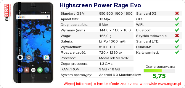 Dane telefonu Highscreen Power Rage Evo