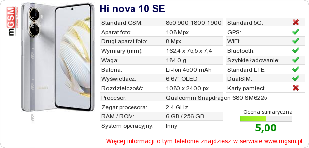 Dane telefonu Hi nova 10 SE Dane telefonu Hi nova 10 SE