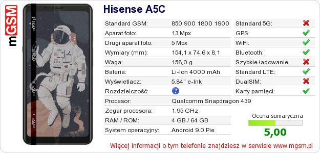 Dane telefonu Hisense A5C