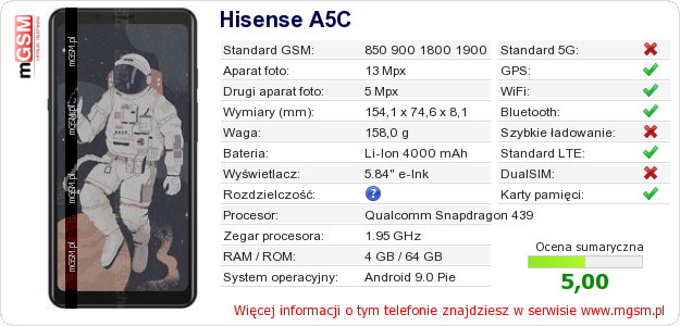 Dane telefonu Hisense A5C