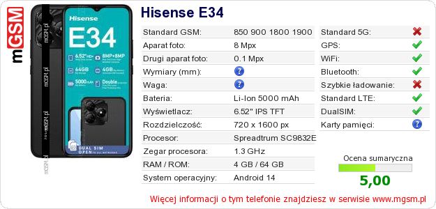 Dane telefonu Hisense E34