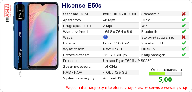 Dane telefonu Hisense E50s