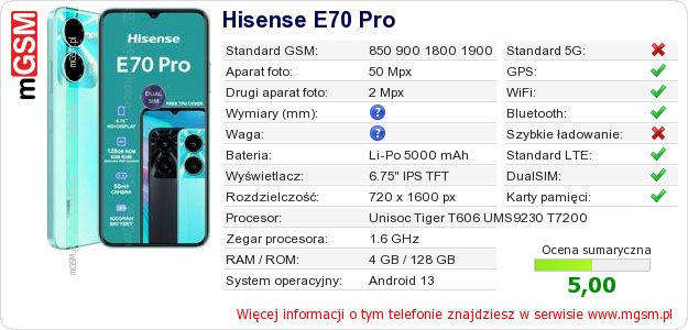 Dane telefonu Hisense E70 Pro