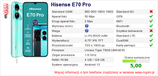 Dane telefonu Hisense E70 Pro Dane telefonu Hisense E70 Pro