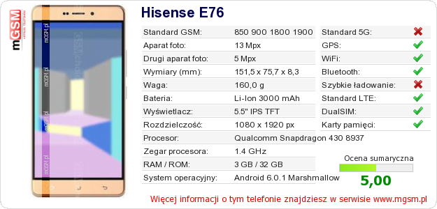 Dane telefonu Hisense E76
