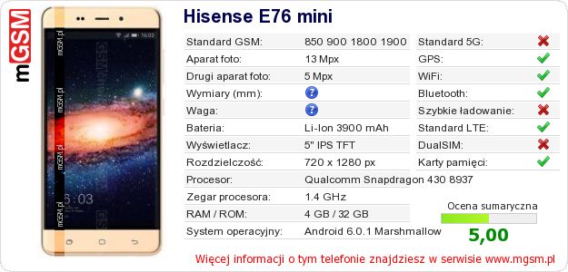 Dane telefonu Hisense E76 mini