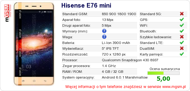 Dane telefonu Hisense E76 mini