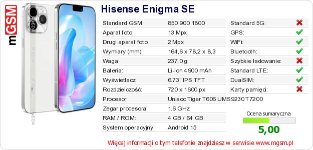 Dane telefonu Hisense Enigma SE Dane telefonu Hisense Enigma SE